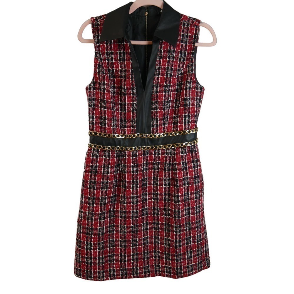 Venus Red Collared Tweed Dress Faux Leather Size 6 EUC